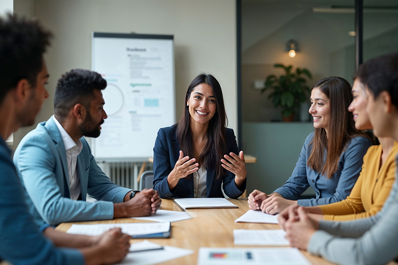 Two businessmen shaking hands with a group of business people in the background.
